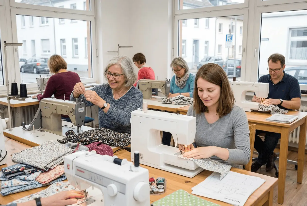 Glückliche Nähkursleiterin im Atelier an der Nähmaschine bei der Planung von Workshops und Kursen