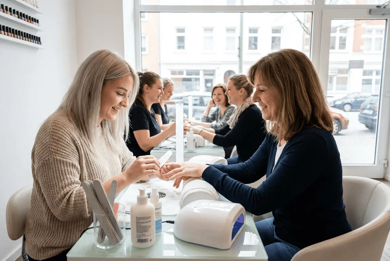 Professionelle Nageldesignerin bei der Arbeit Gelnägel Maniküre im Studio mit Laptop für Terminverwaltung