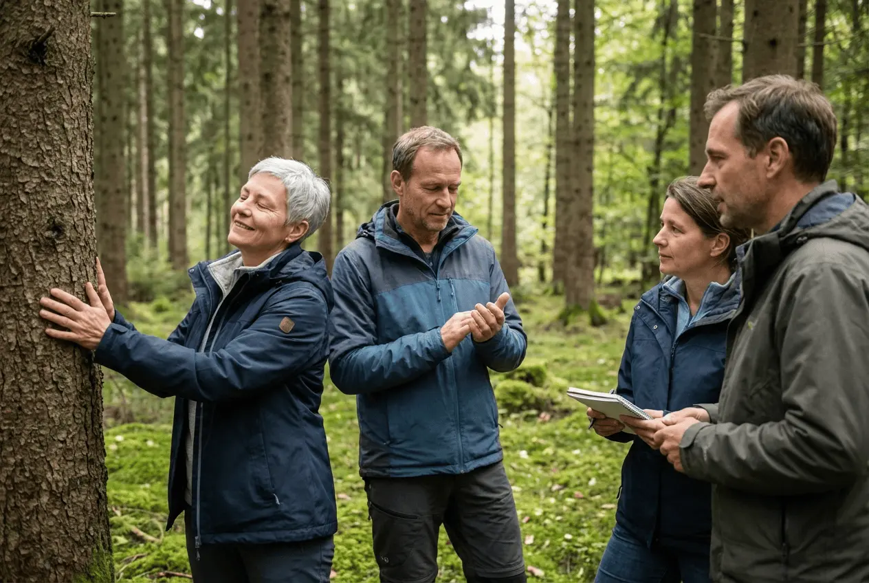 Trainer und Teilnehmer bei Achtsamkeitsübungen im Wald während eines Natur-Resilienz-Trainings zur Stressbewältigung