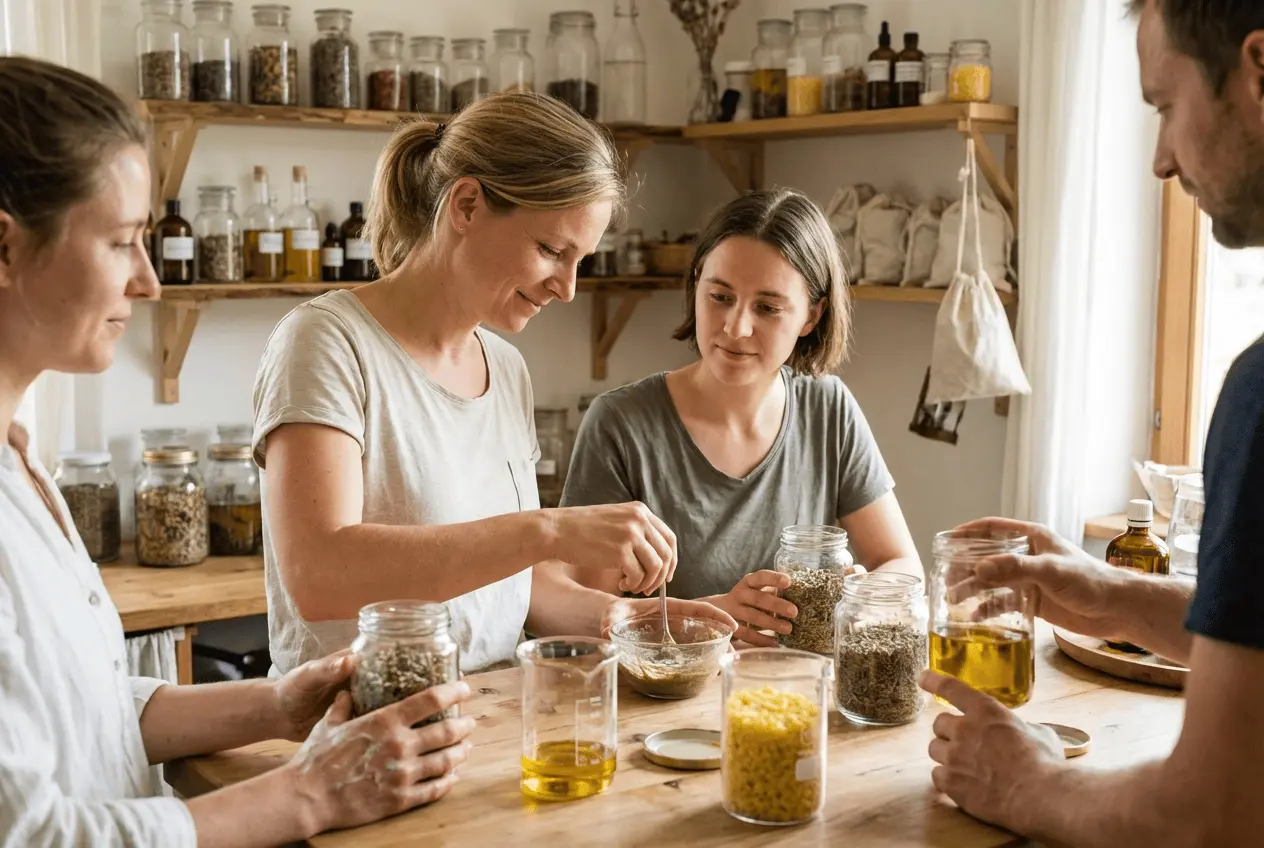 Teilnehmerin beim Naturkosmetik selber machen Kurs rührt Creme in Glasschale
