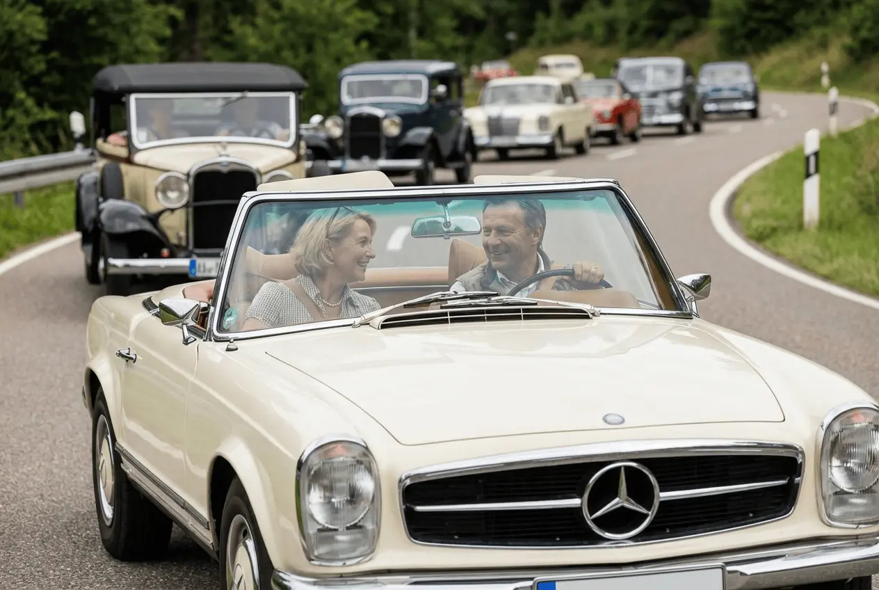 Klassische Oldtimer bei einer Ausfahrt auf der Landstraße während einer Rallye Veranstaltung