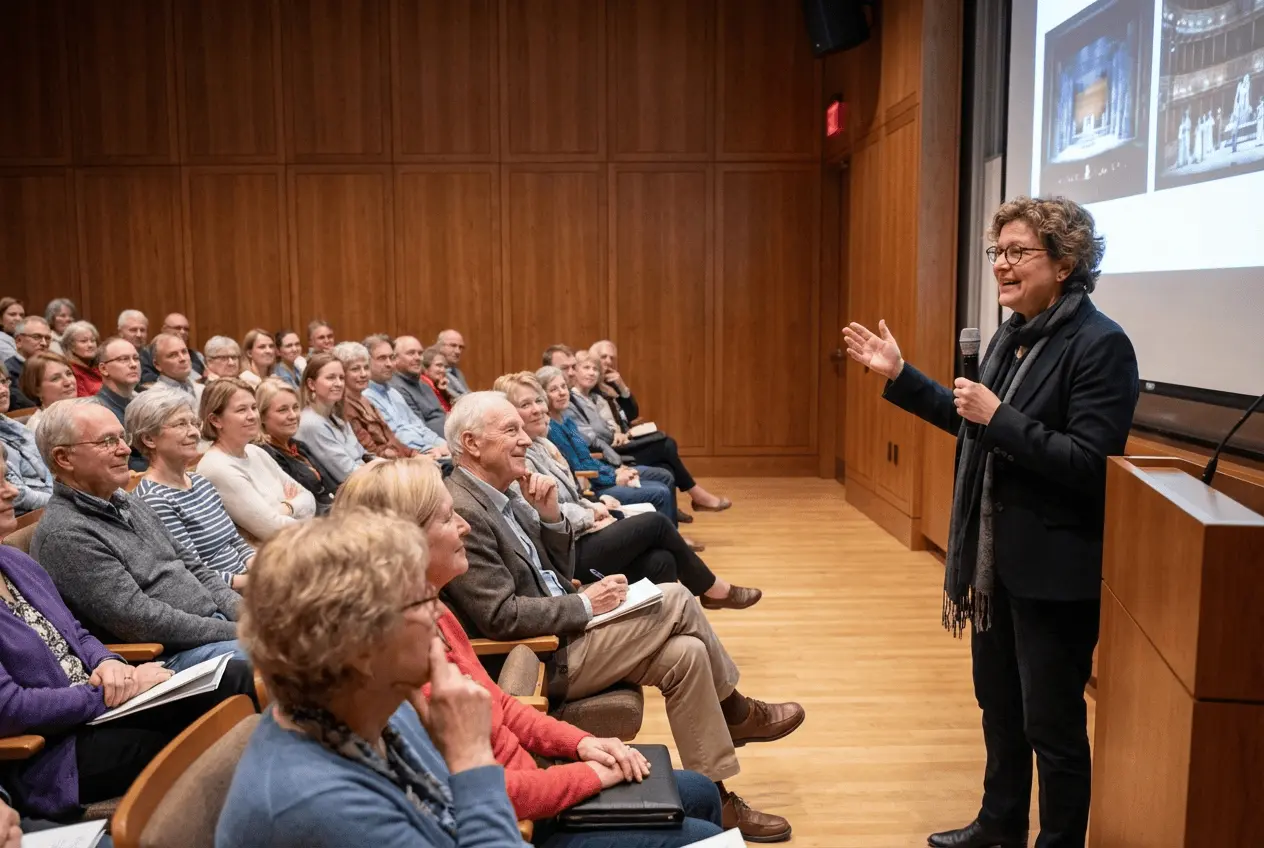 Dozent hält einen Einführungsvortrag im Opernfoyer vor interessiertem Publikum vor Konzertbeginn