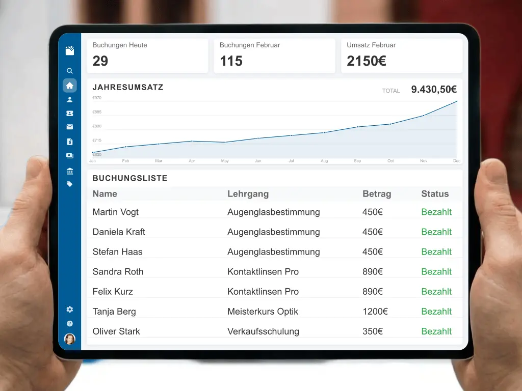 Moderne Brillenberatung und Verkauf von Kontaktlinsen im Optikergeschäft inklusive digitaler Rechnungsabwicklung
