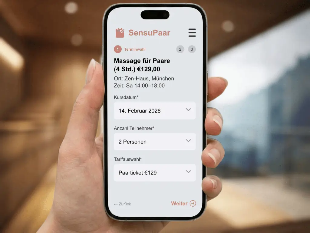 Paar-Massage-Kurs Online Buchung Wellness Workshop Anmeldung und Gutschein Verkauf auf Webseite