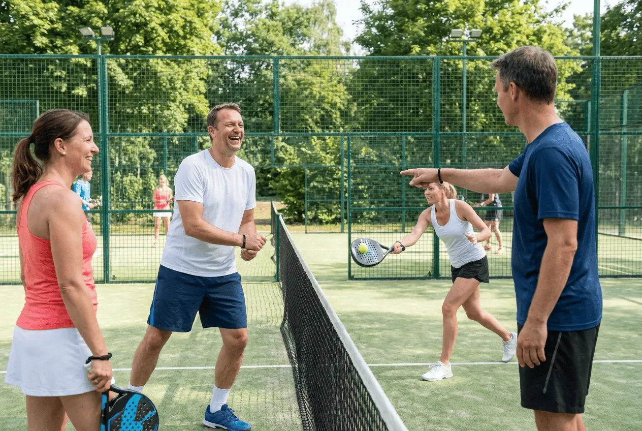 Aktives Padel-Tennis Match auf einem modernen Indoor Court mit Spielern am Netz