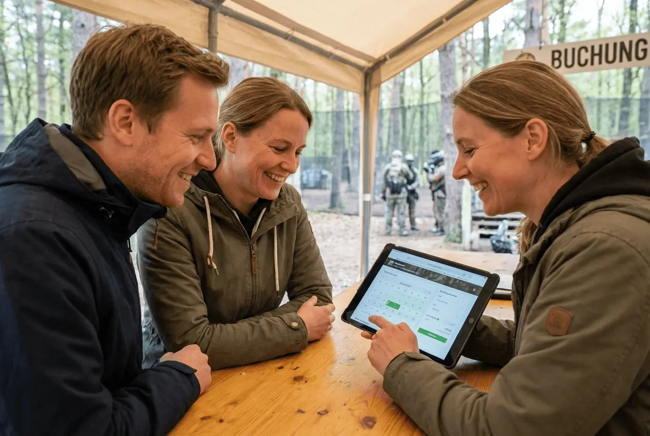 Paintball Spieler Team in voller Ausrüstung auf dem Spielfeld bei einem Firmenevent