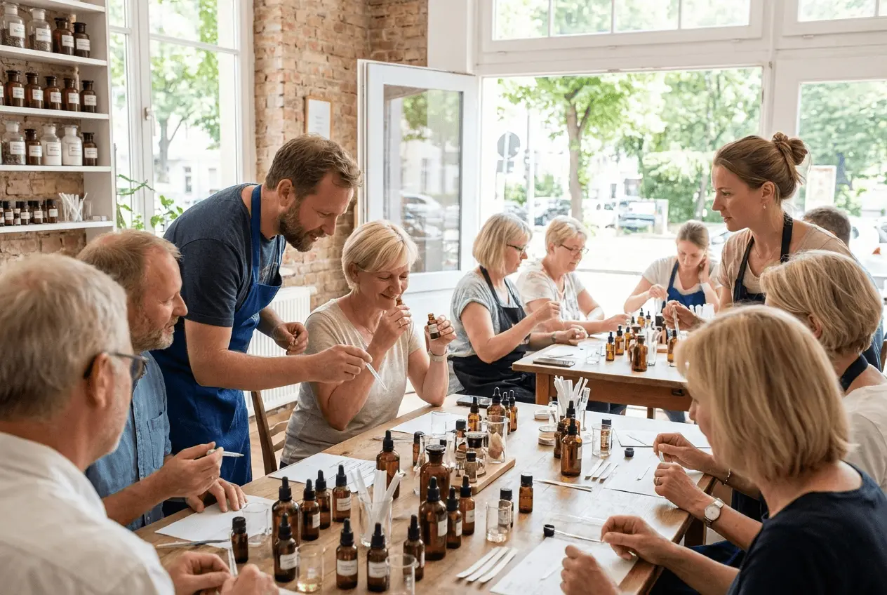 Parfümeur zeigt Teilnehmern an der Duftorgel wie man eigene Parfüms kreiert im Workshop und Essenzen mischt