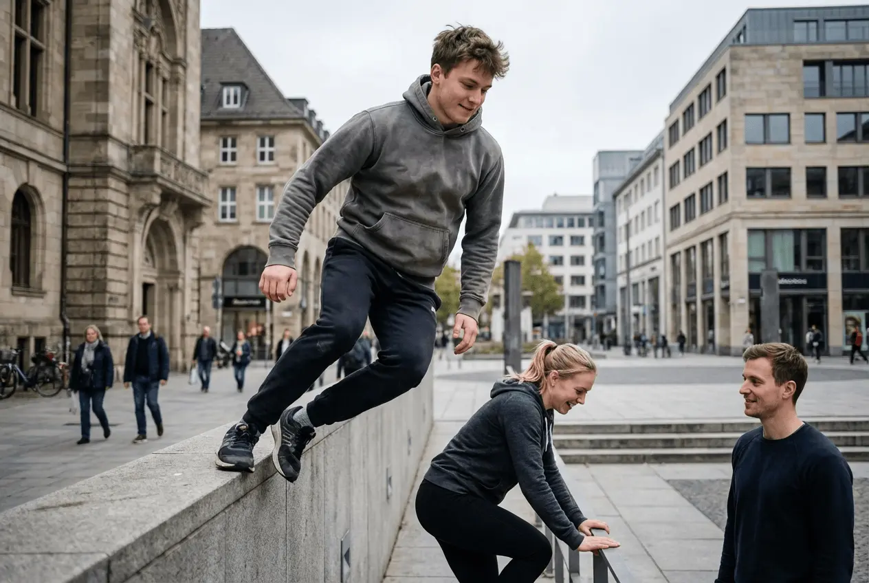 Professioneller Traceur beim Wall Run Training in moderner Parkour Halle und Freerunning Hindernisparcours