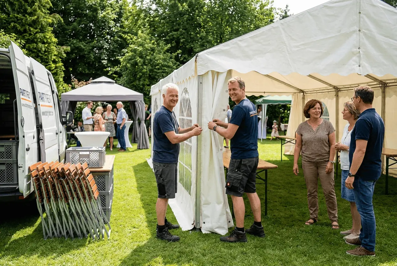 Aufgebautes weißes Partyzelt mit Holzboden und Bierzeltgarnituren bereit für eine Gartenparty oder ein Event im Freien