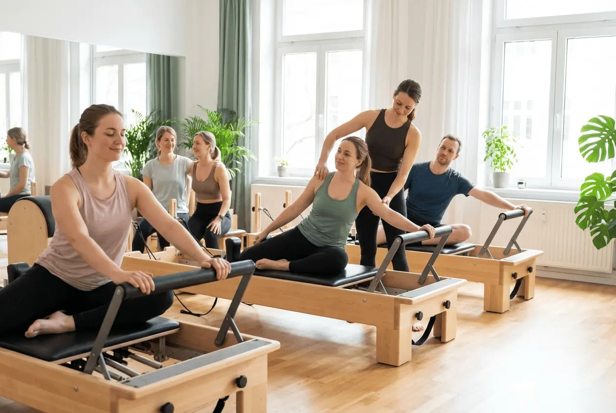 Modernes Pilates Studio mit Reformer Geräten und Teilnehmern bei der Übung