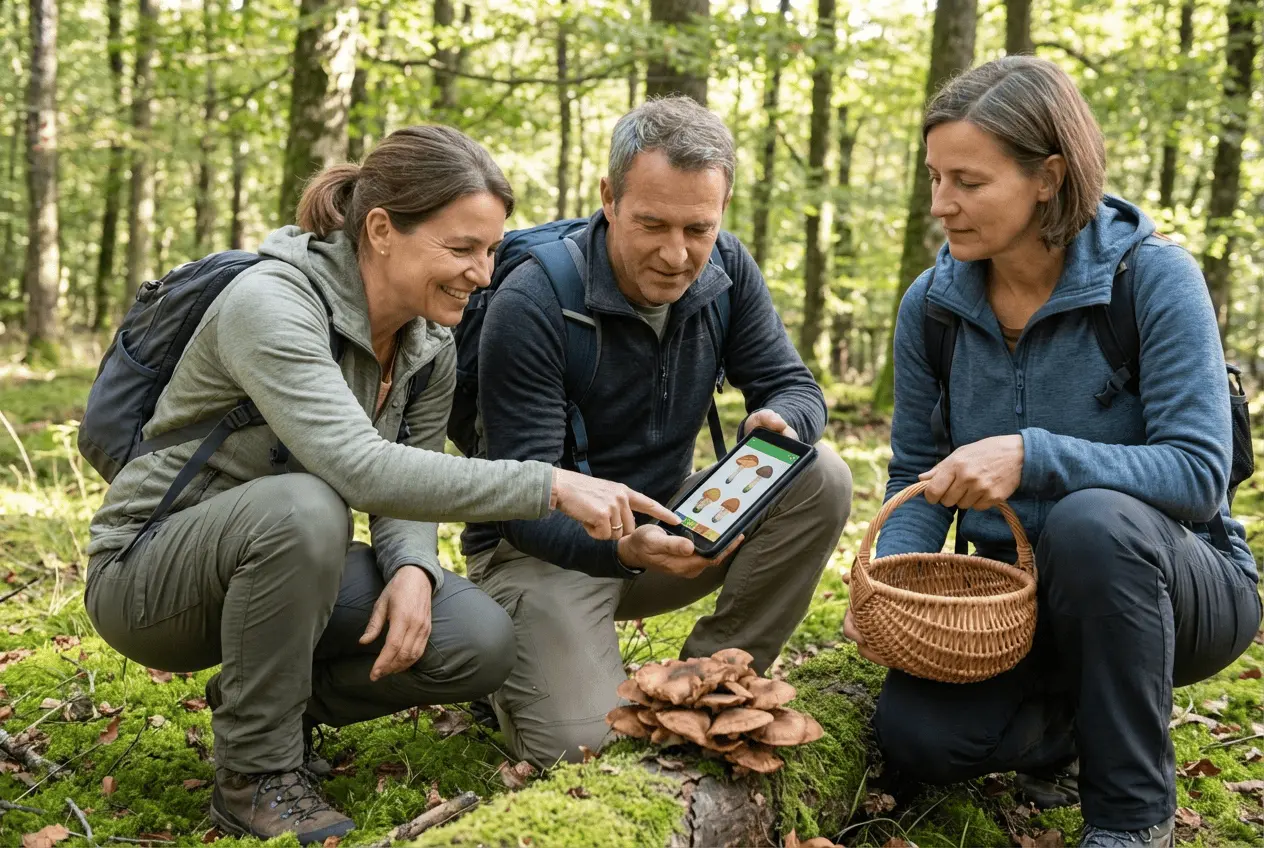 Gruppe bei einer geführten Pilzwanderung im Wald zur Pilzbestimmung mit Körben