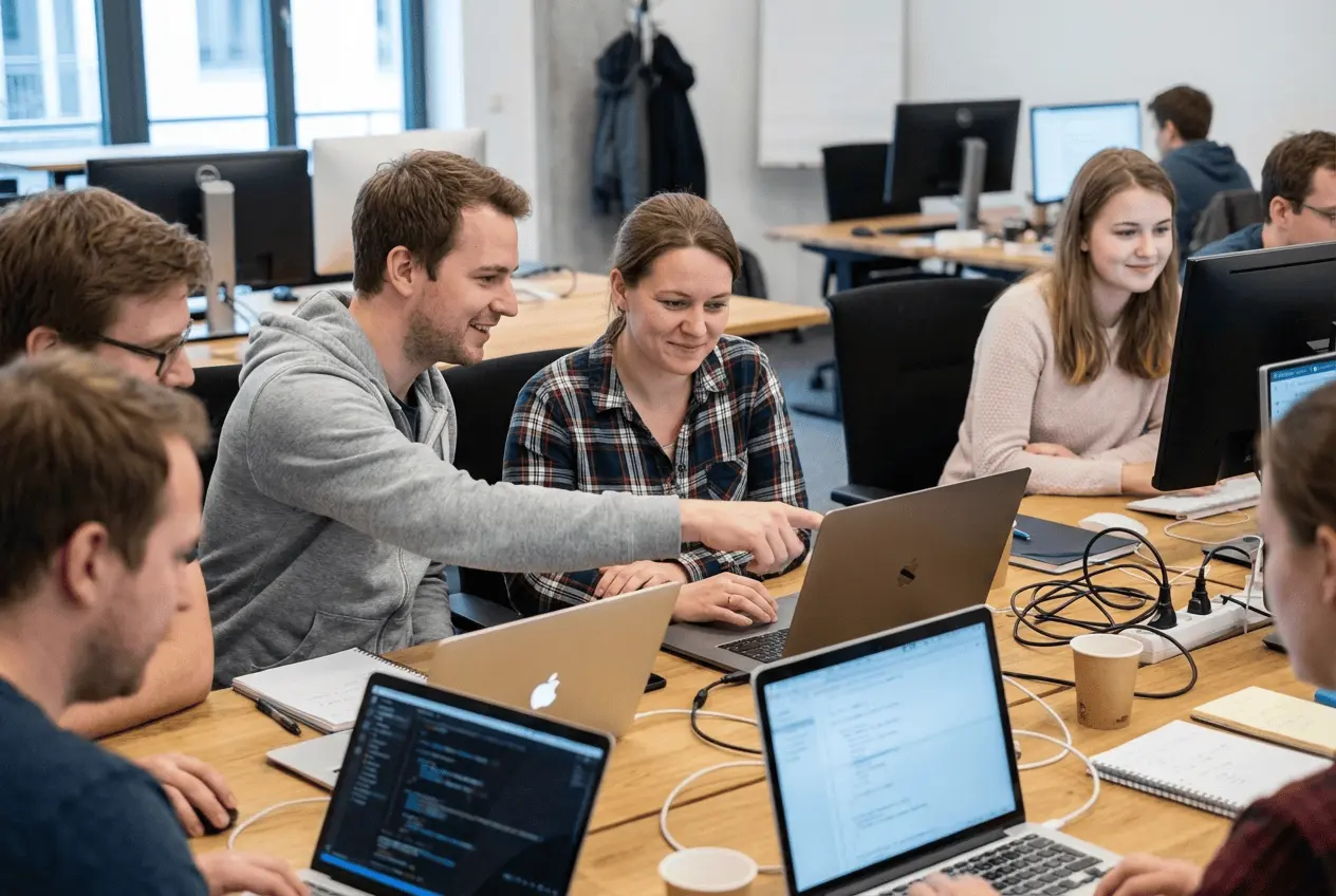 Laptop und Tablet zeigen Dashboard zur Verwaltung von Coding-Bootcamps und Teilnehmerlisten in einer modernen Programmierschule