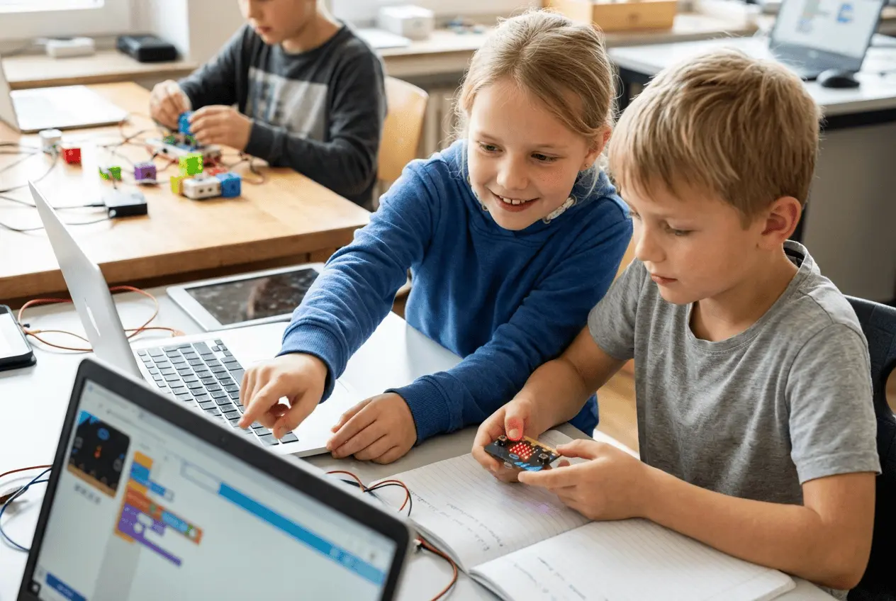 Fröhliche Kinder lernen gemeinsam am Laptop programmieren in einem MINT Feriencamp