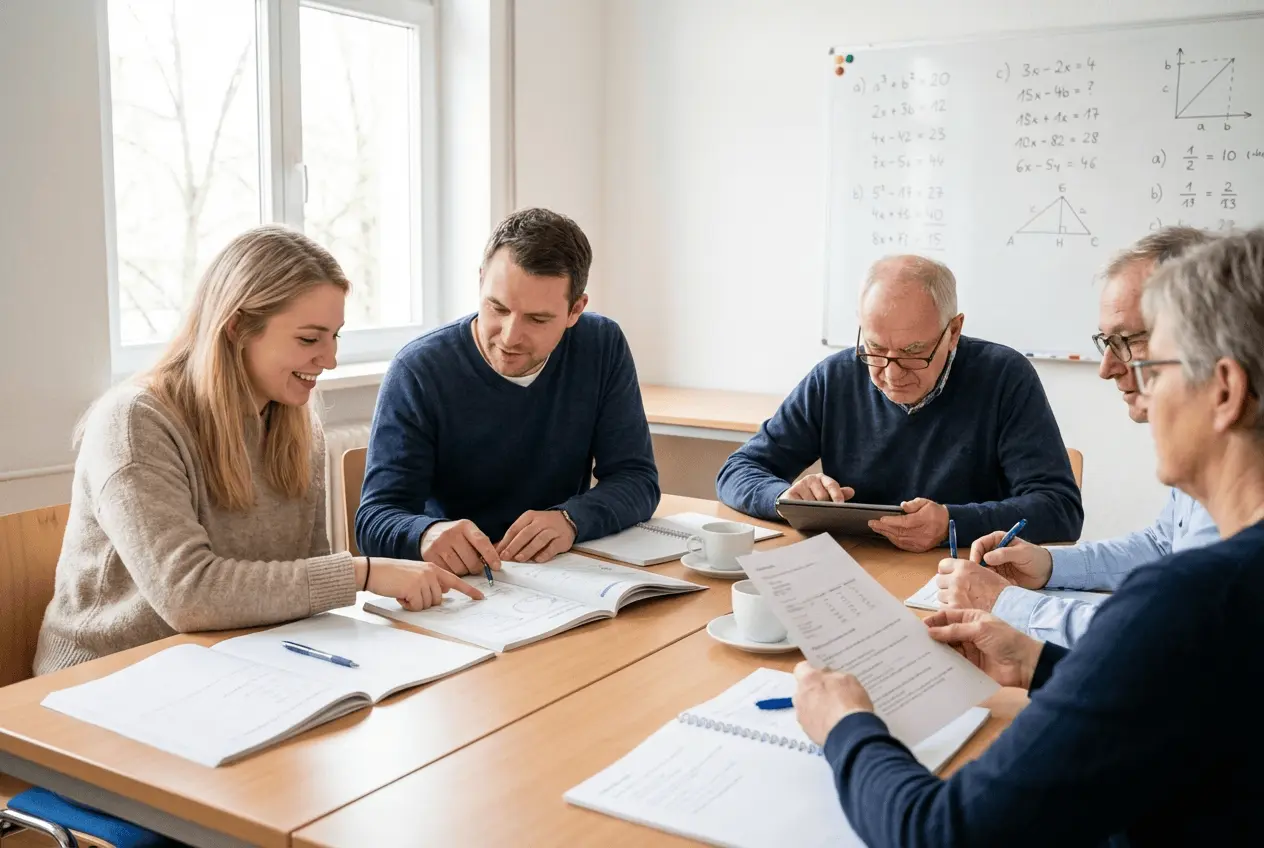 Lerngruppe von Schülern in einem Seminarraum bei einem Prüfungsvorbereitungskurs