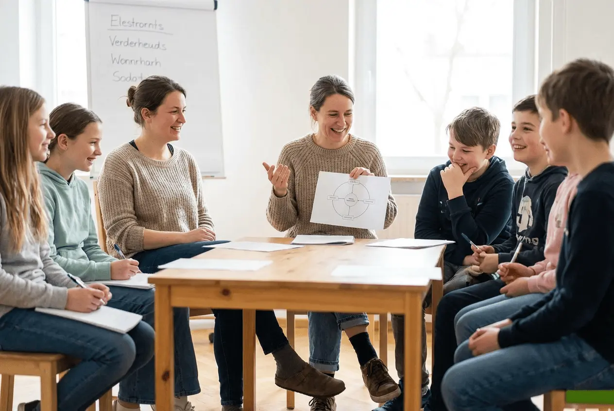 Eltern sitzen im Kreis bei einem Pubertät-Vorbereitungsworkshop und hören dem Coach zu