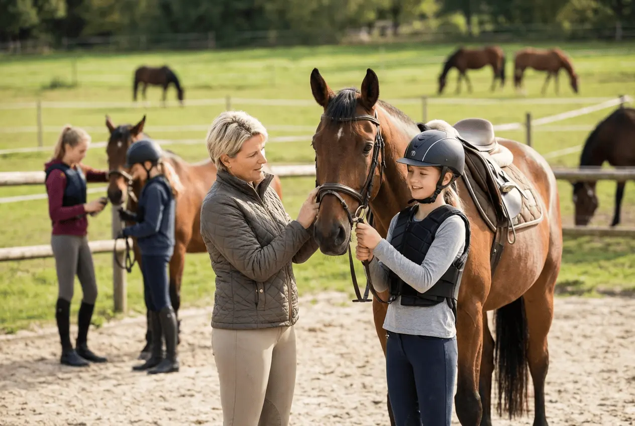 Reitlehrerin nutzt Tablet zur Verwaltung von Reitstunden und Schulpferden im Stall