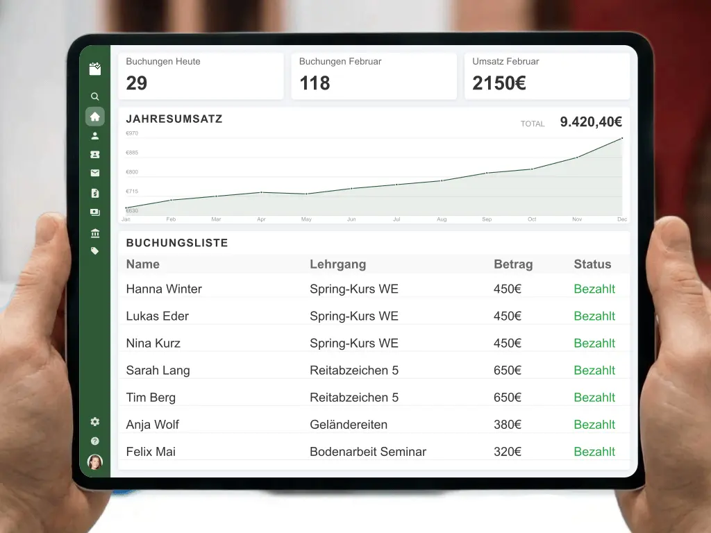 Glückliche Kinder beim Ponyreiten und Reitschüler beim Reitabzeichen Lehrgang auf dem Reiterhof