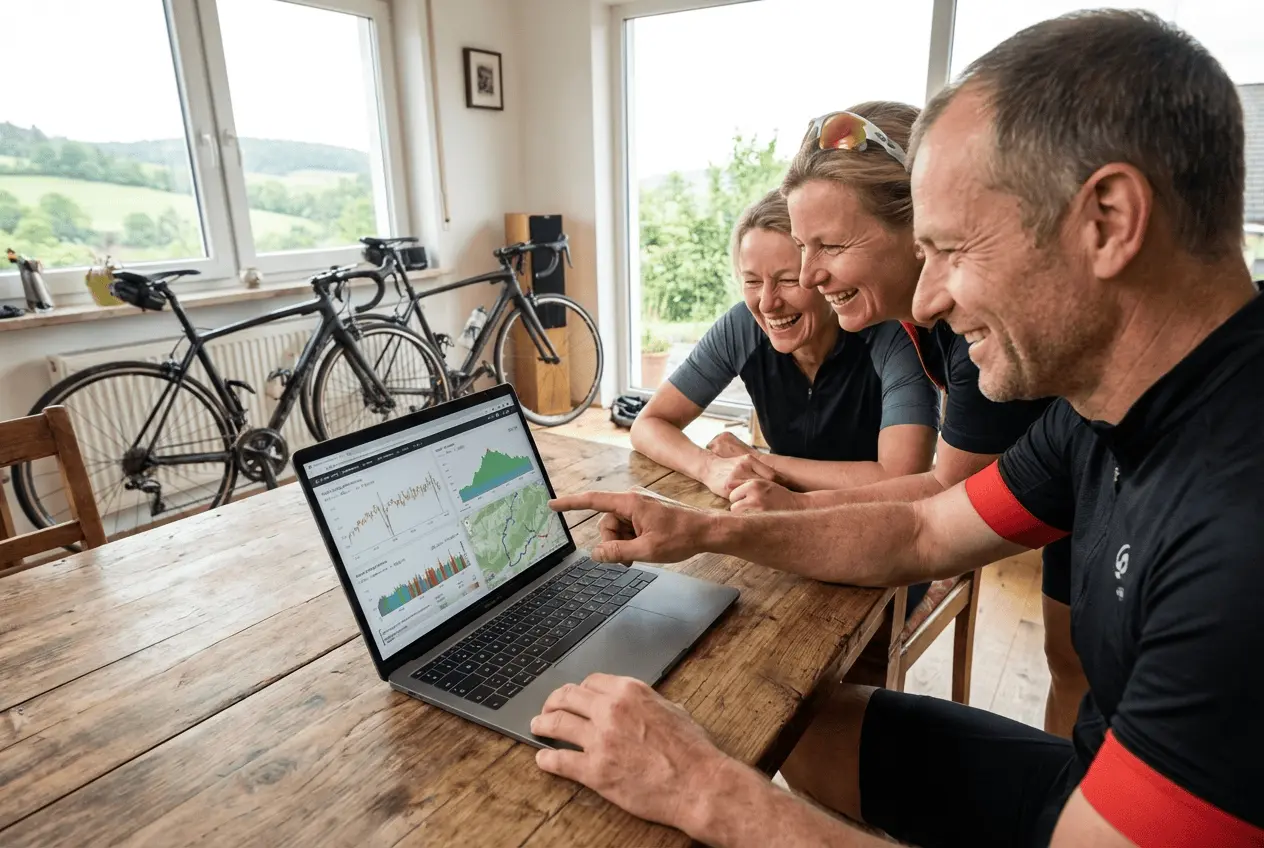 Rennradfahrer im Trainingslager und Mechaniker beim Bikefitting in der Werkstatt