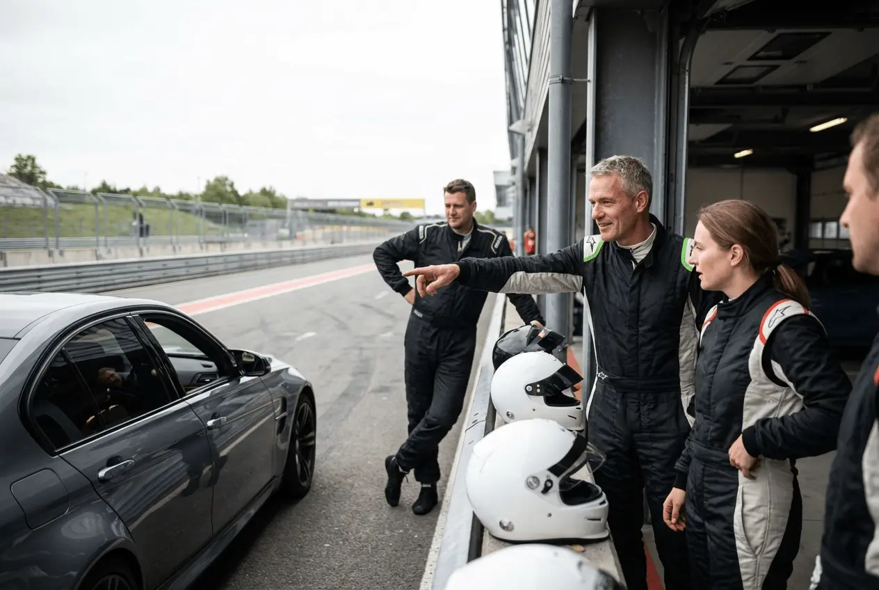 Sportwagen beim Trackday auf der Rennstrecke mit Instruktoren in der Boxengasse zur Organisation
