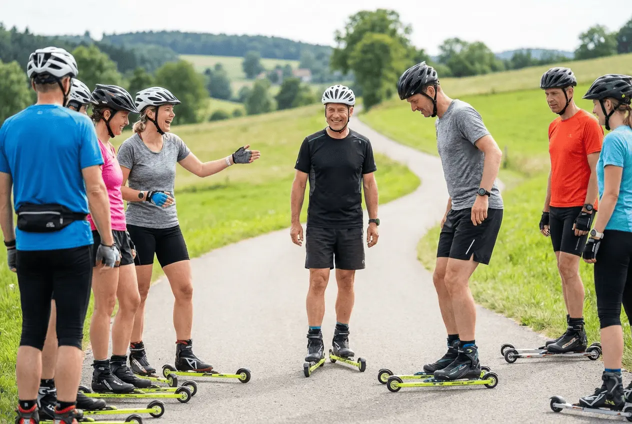 Rollski Sportler beim Skating Technik Training auf Asphaltstrecke mit Helm und Stöcken