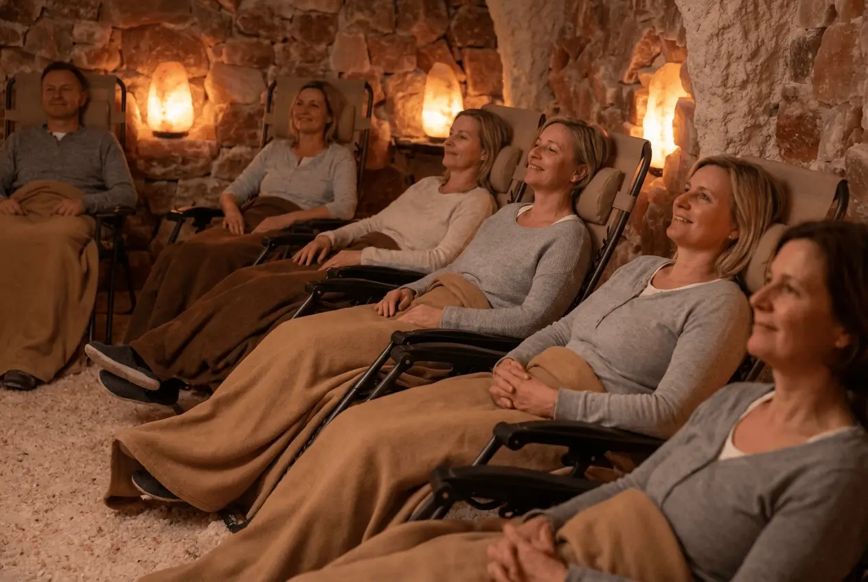 Modernes Salzgrotten Interieur mit Salzsteinen an der Wand und Entspannungsliegen für Halotherapie Sitzung