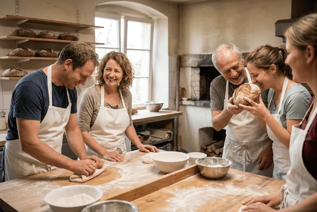 Frisch gebackenes Sauerteigbrot mit knuspriger Kruste und Mehl in einer handwerklichen Backstube