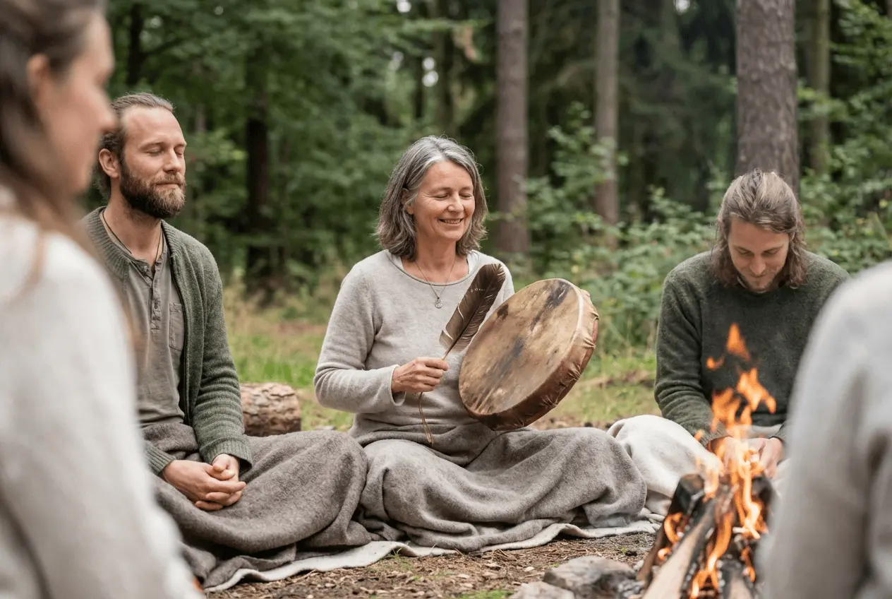 Schamanischer Kreis im Retreat mit Trommeln und Räucherwerk in der Natur