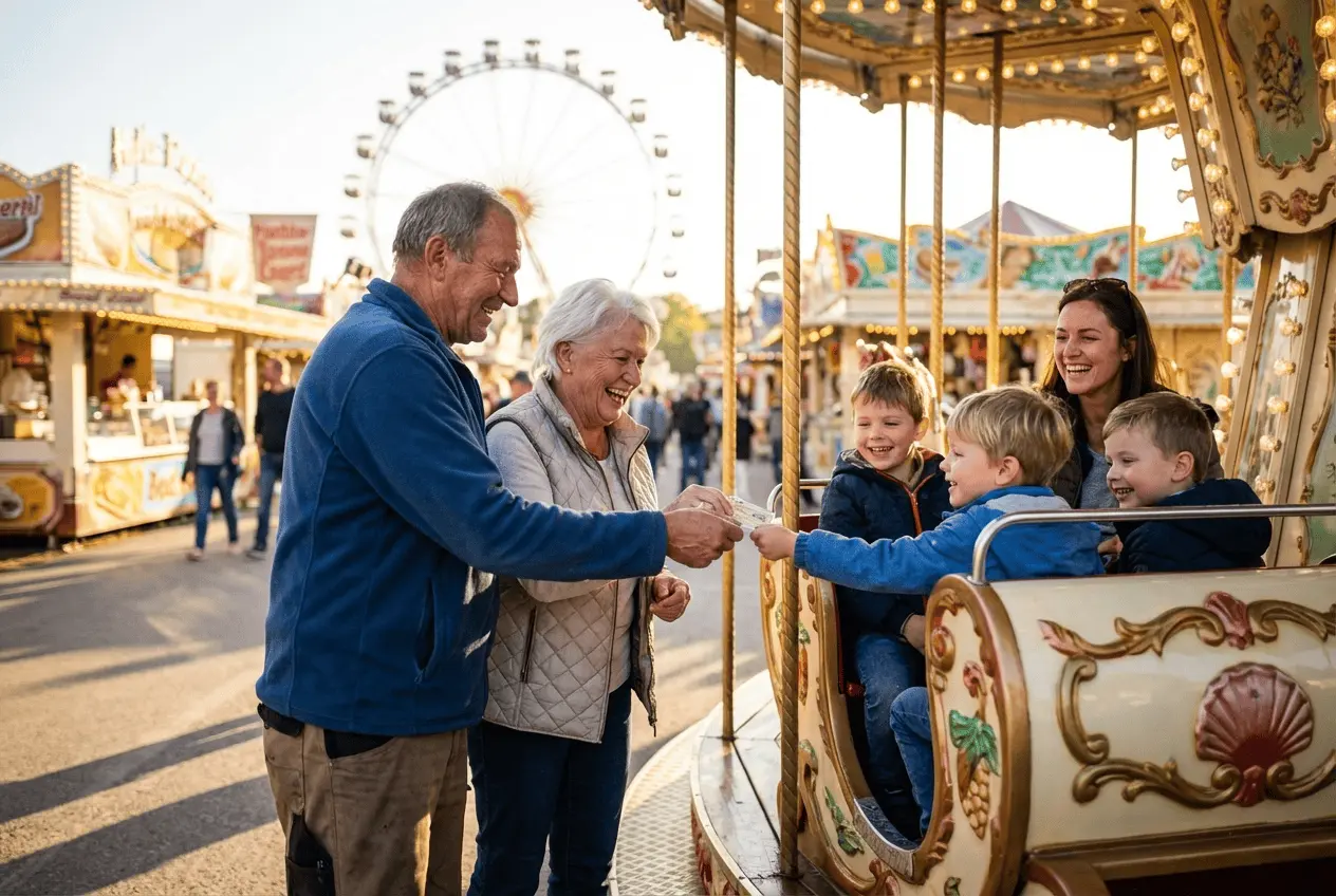 Beleuchtetes Riesenrad und Fahrgeschäfte auf Kirmes Jahrmarkt bei Nacht mit glücklichen Besuchern am Ticketstand