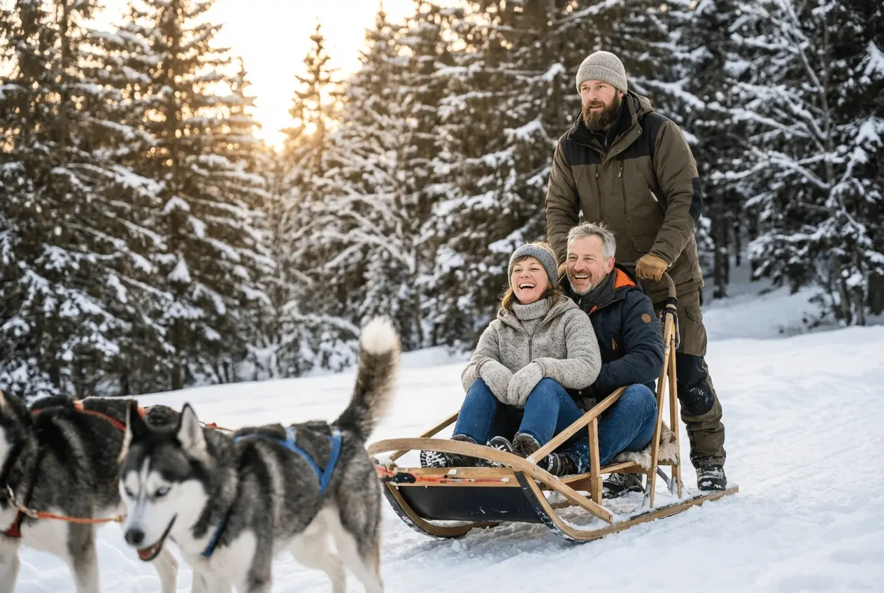 Husky Rudel vor dem Schlitten im tiefen Schnee bereit für die Abfahrt in der Winterlandschaft