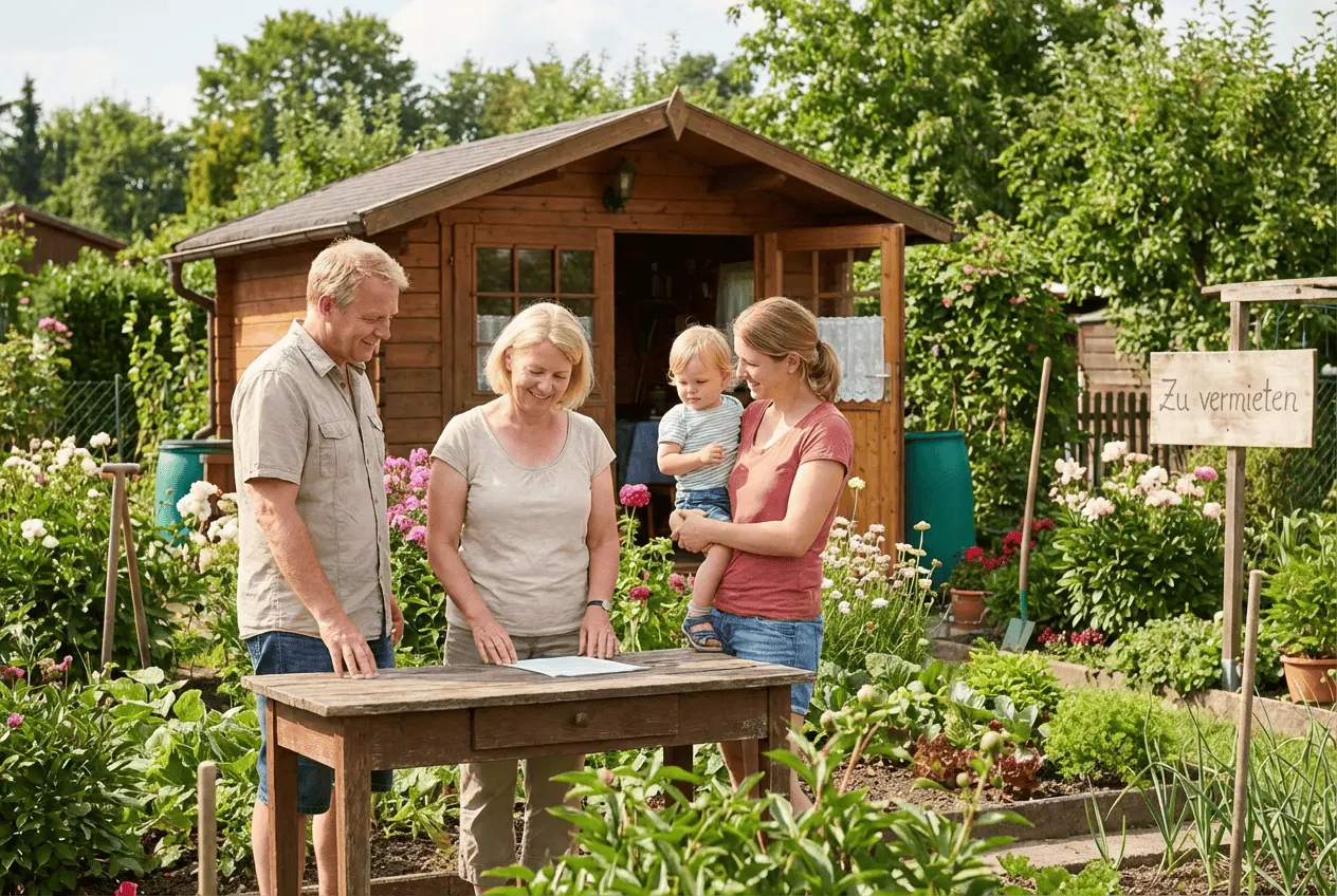 Schrebergarten zur Miete sonnige Parzelle mit Laube im Sommer