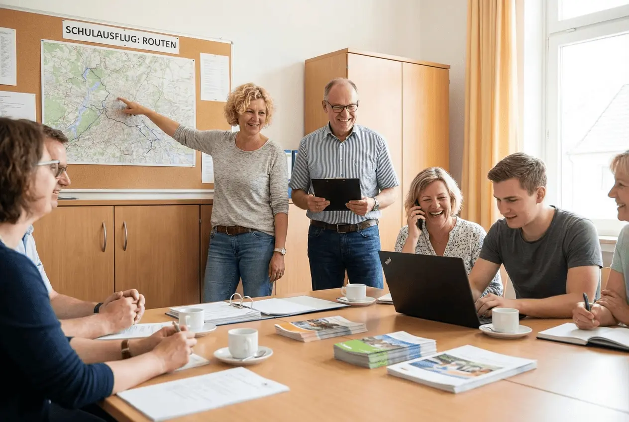 Lehrer nutzt Online-Buchungssystem zur Planung von Schulausflügen und Klassenfahrten am Laptop