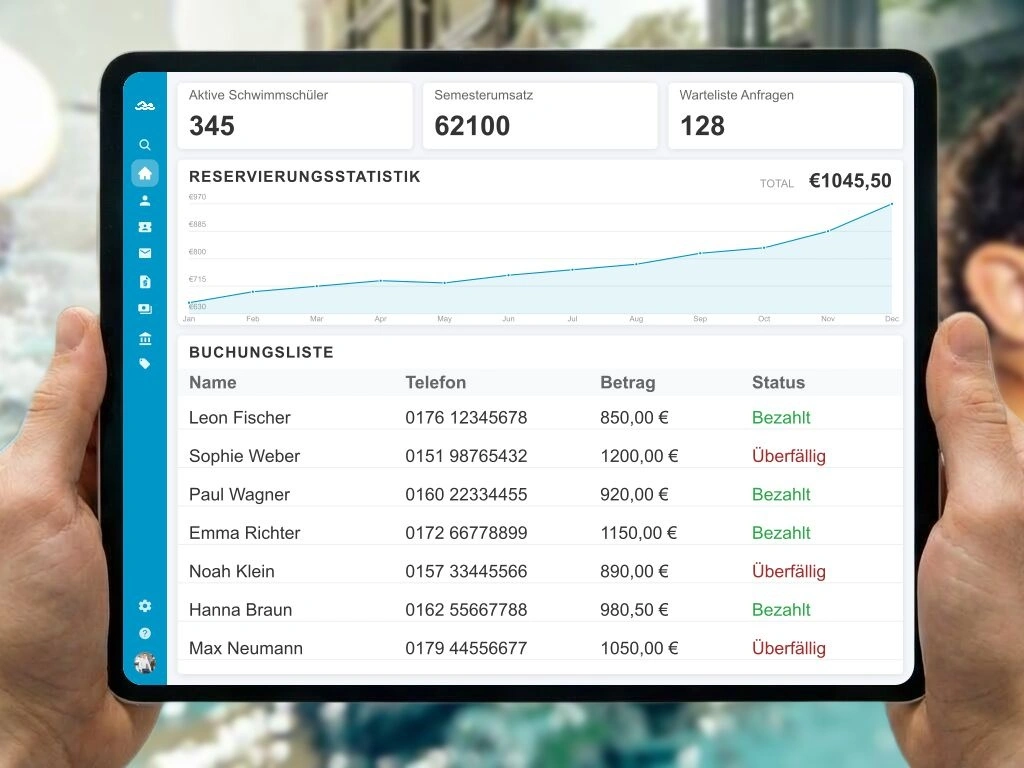 Schwimmabzeichen Urkunden und digitale Teilnehmerliste für Schwimmlehrer am Beckenrand