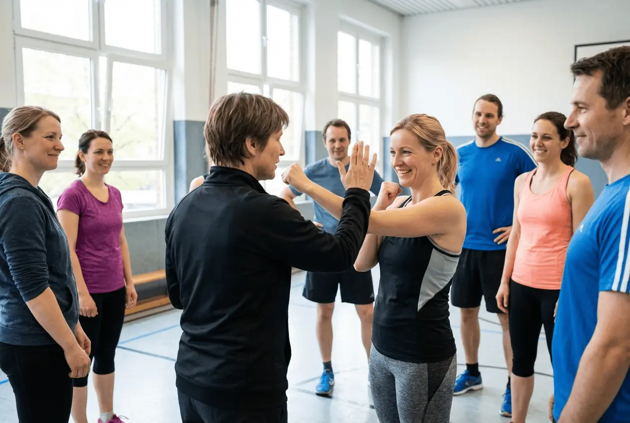 Gruppe beim Selbstverteidigungstraining in der Sporthalle mit Pratzen und Schutzausrüstung