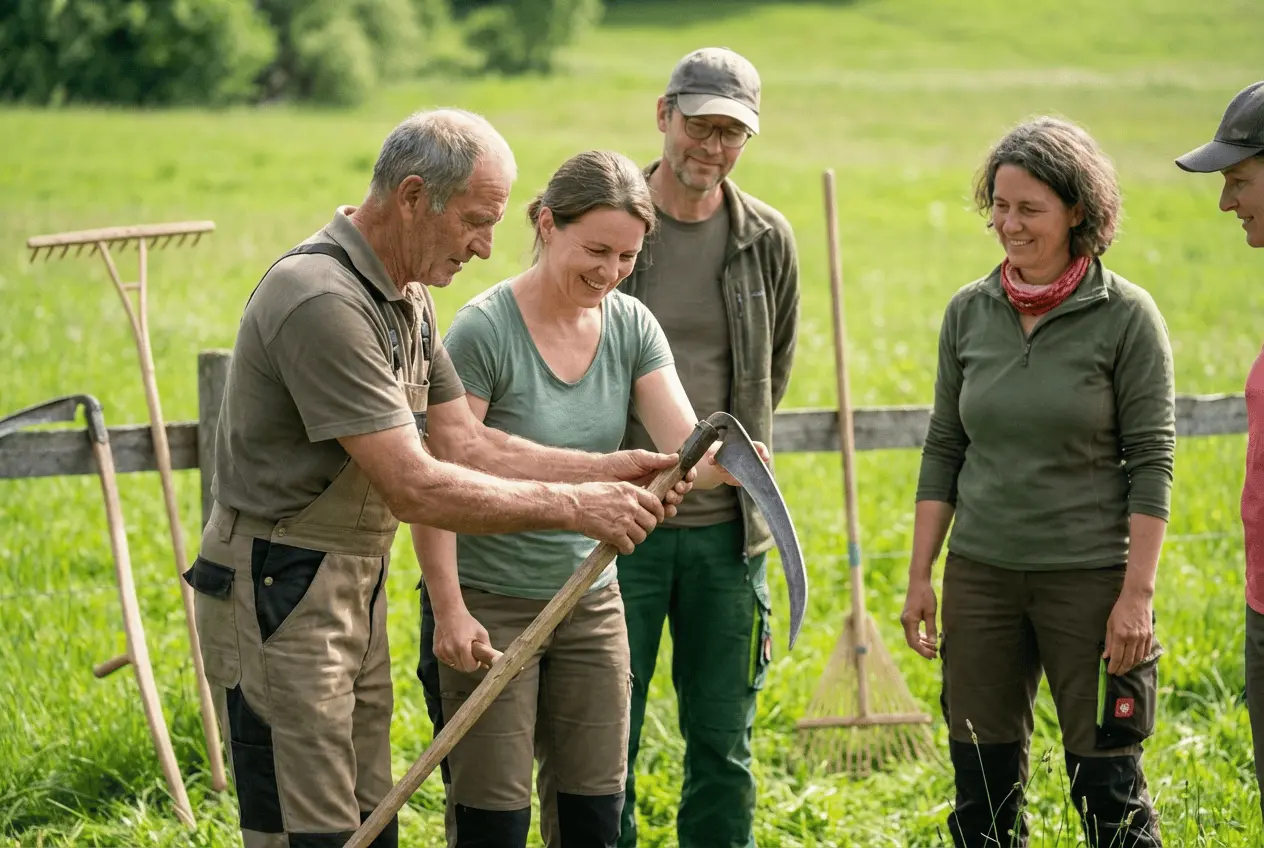 Teilnehmer beim traditionellen Sensenmähen auf einer blühenden Wiese im Sommer mit Wetzstein und Sense