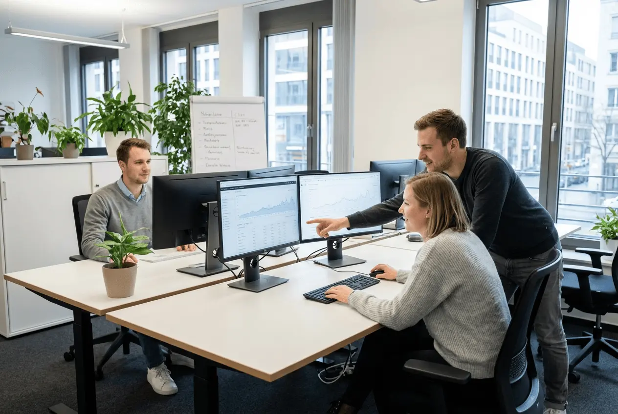 SEO Experten analysieren Google Ads Kampagnen und Rankings am Laptop für digitales Marketing