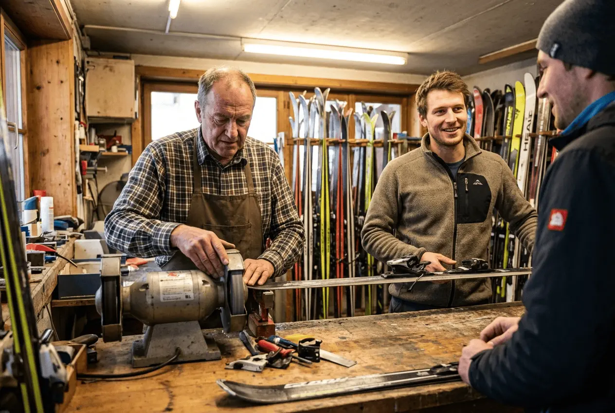 Moderne Skiservice Werkstatt mit Schleifmaschine und Techniker bei der Arbeit