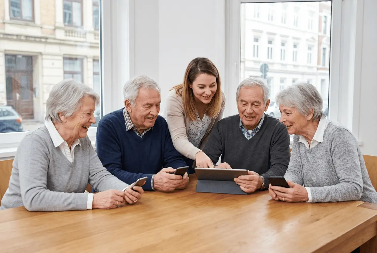 Senioren im Computerkurs lernen Umgang mit Tablet und Smartphone