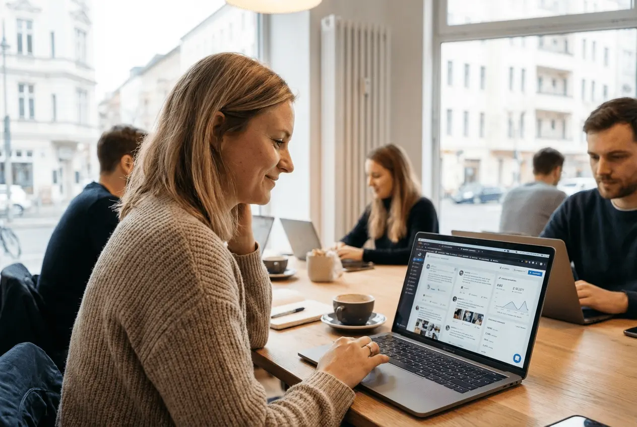 Social Media Managerin am Laptop bei der Planung von Consulting Terminen und Content Workshops