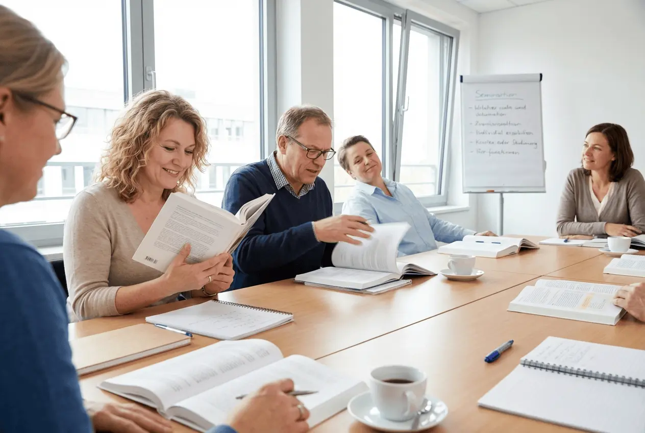 Dozent erklärt Schnelllesetechniken in einem Speed-Reading-Workshop für Erwachsene