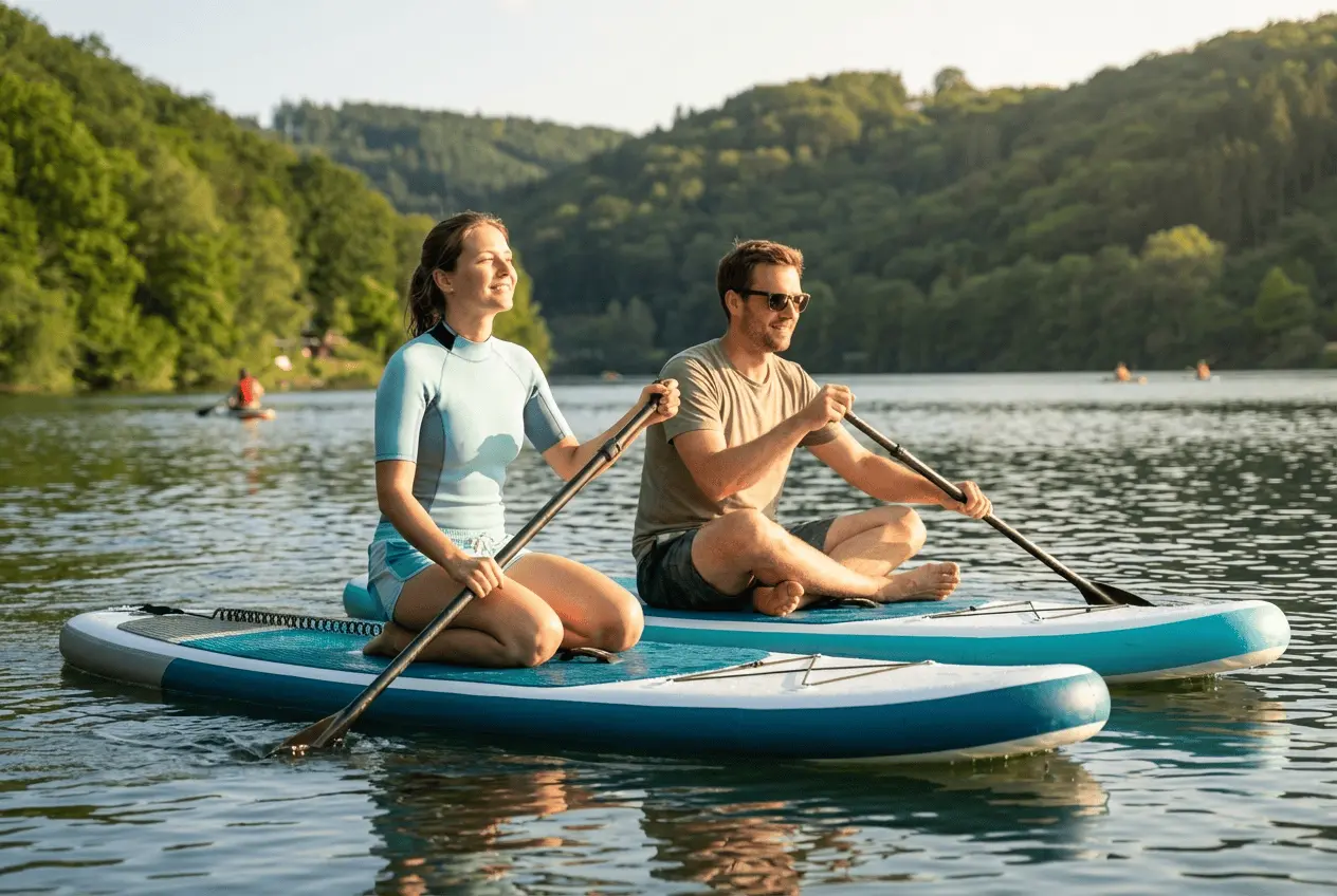 Stand Up Paddling Station am See mit Board Verleih und glücklichen Kunden beim Paddeln