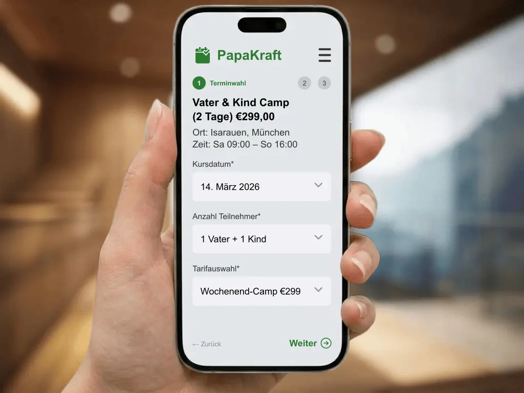 Online Anmeldung und Platzvergabe für Väterkurse und Vater-Kind-Wochenenden mit Wartelistenfunktion