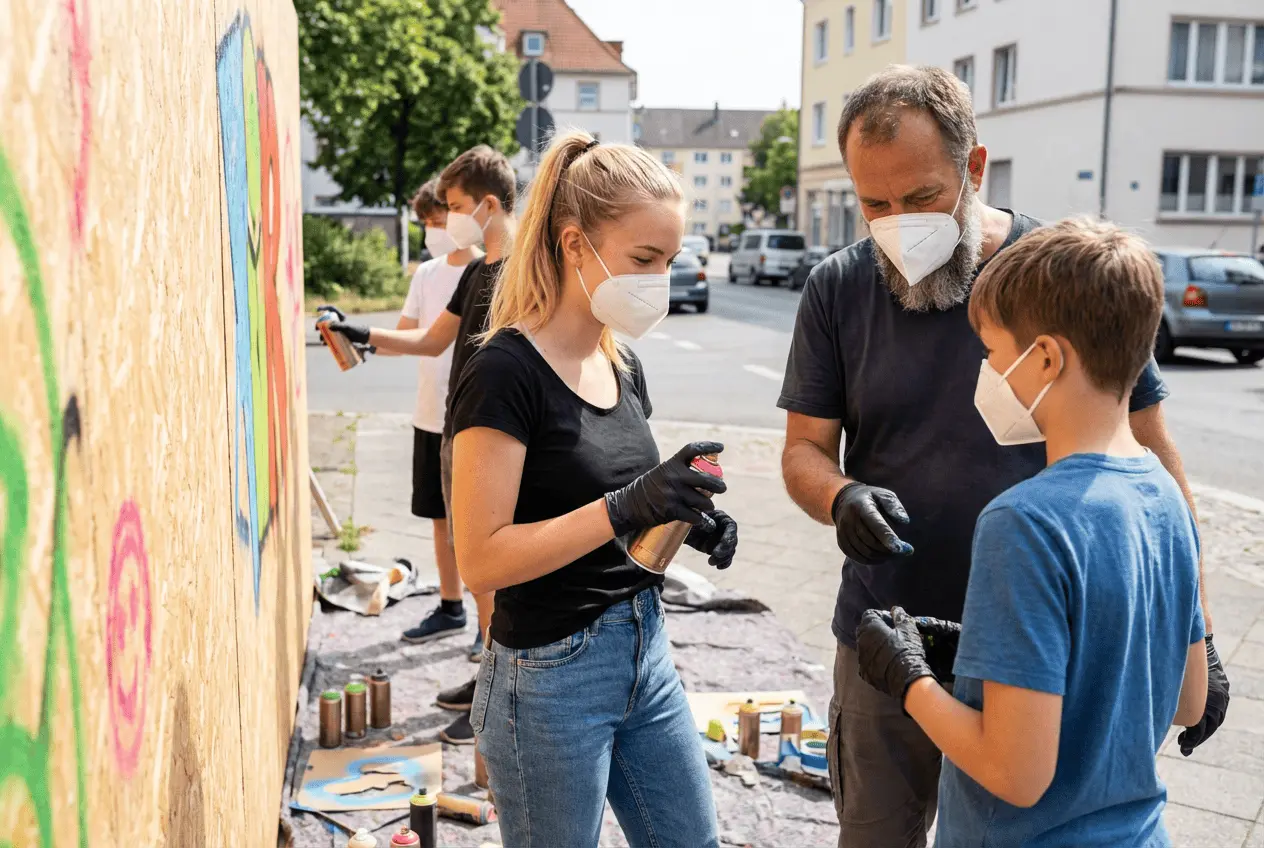 Street Art Künstler gibt Graffiti Workshop an einer legalen Wand für eine Gruppe bei einem Teamevent