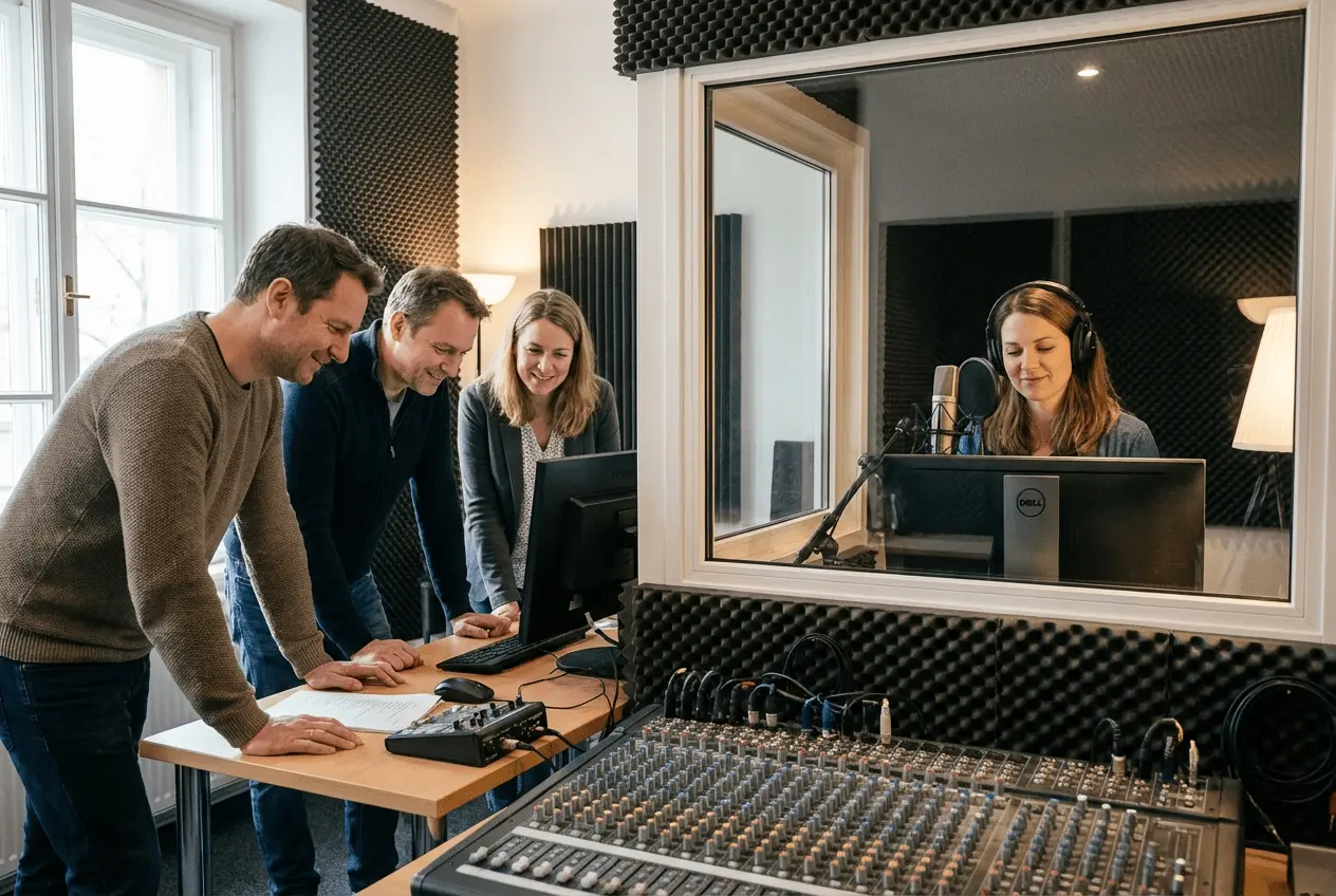 Teilnehmer bei einem Voice-Acting Workshop im Tonstudio vor dem Mikrofon während einer Synchronsprech-Ausbildung