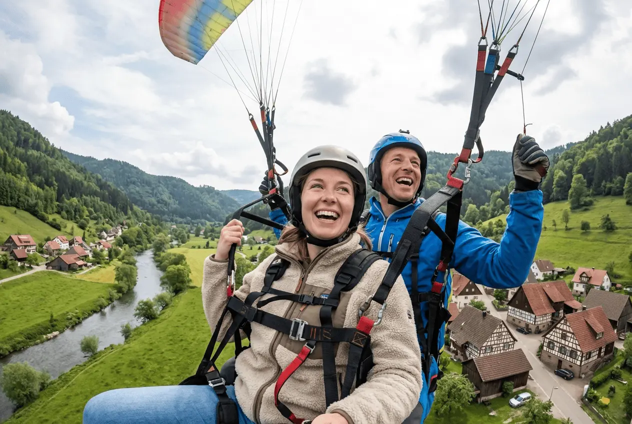 Glückliche Passagiere beim Tandem-Gleitschirmflug vor Bergpanorama
