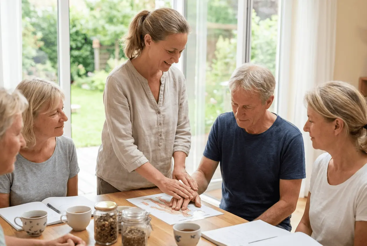 Seminarraum Traditionelle Chinesische Medizin TCM Unterricht mit Lehrmaterial und Akupunkturmodell