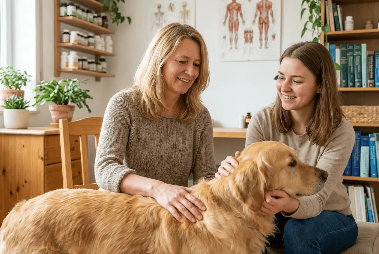 Tierheilpraktikerin untersucht Hund in der Sprechstunde alternative Tiermedizin Homöopathie und Akupunktur für Tiere