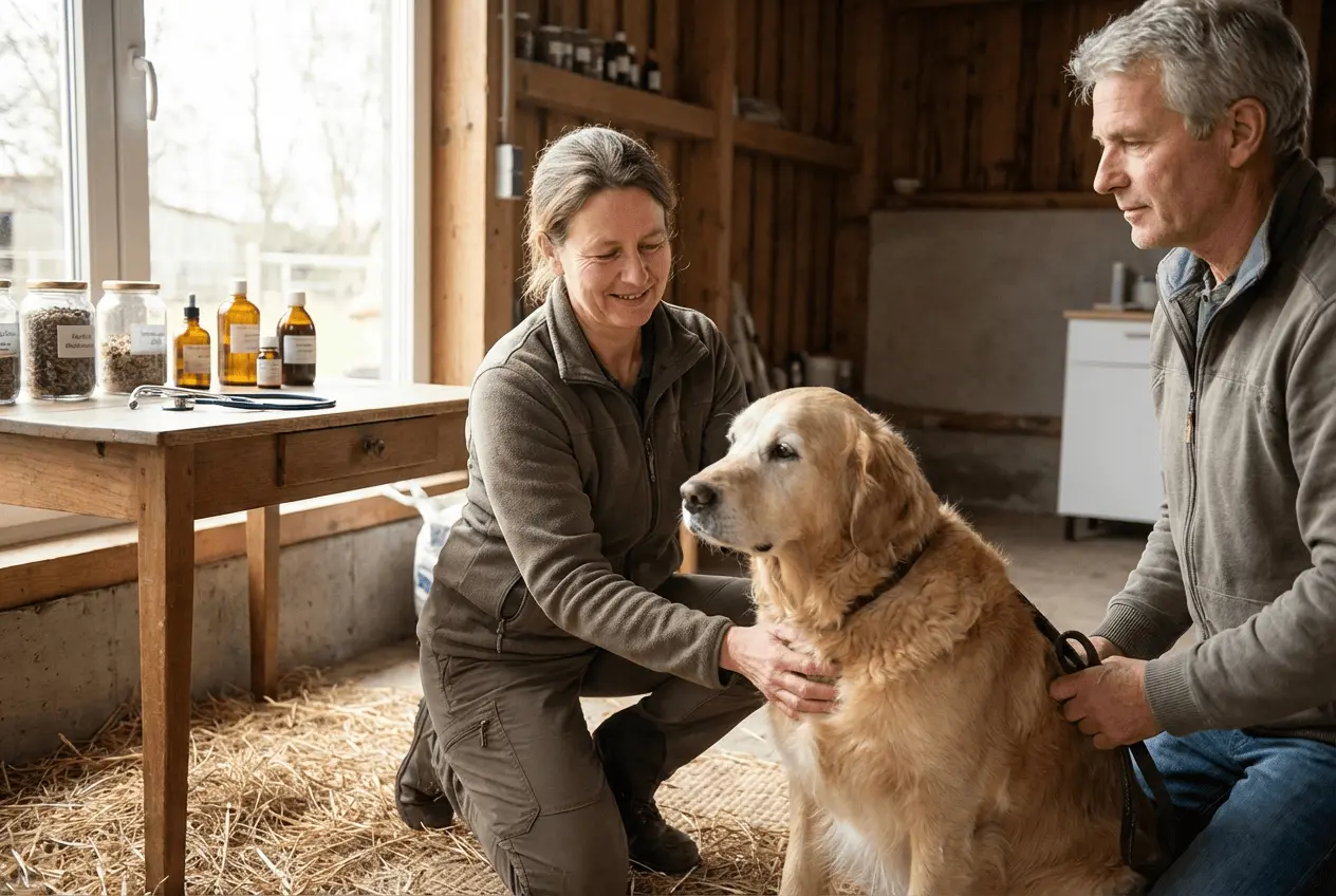 Tierheilpraktikerin bei der Untersuchung eines Hundes in der Praxis