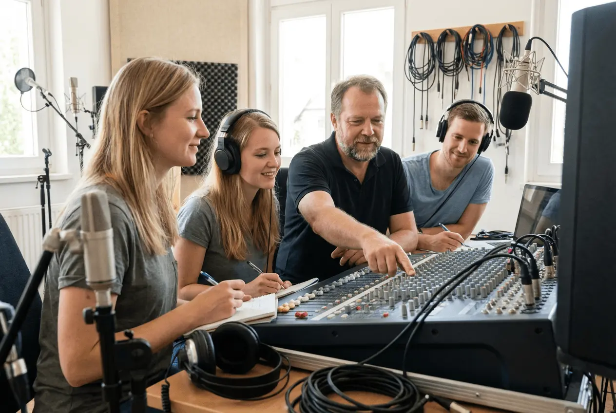 Audio Engineer beim Mixing am Mischpult während einer Tontechniker Weiterbildung im Studio
