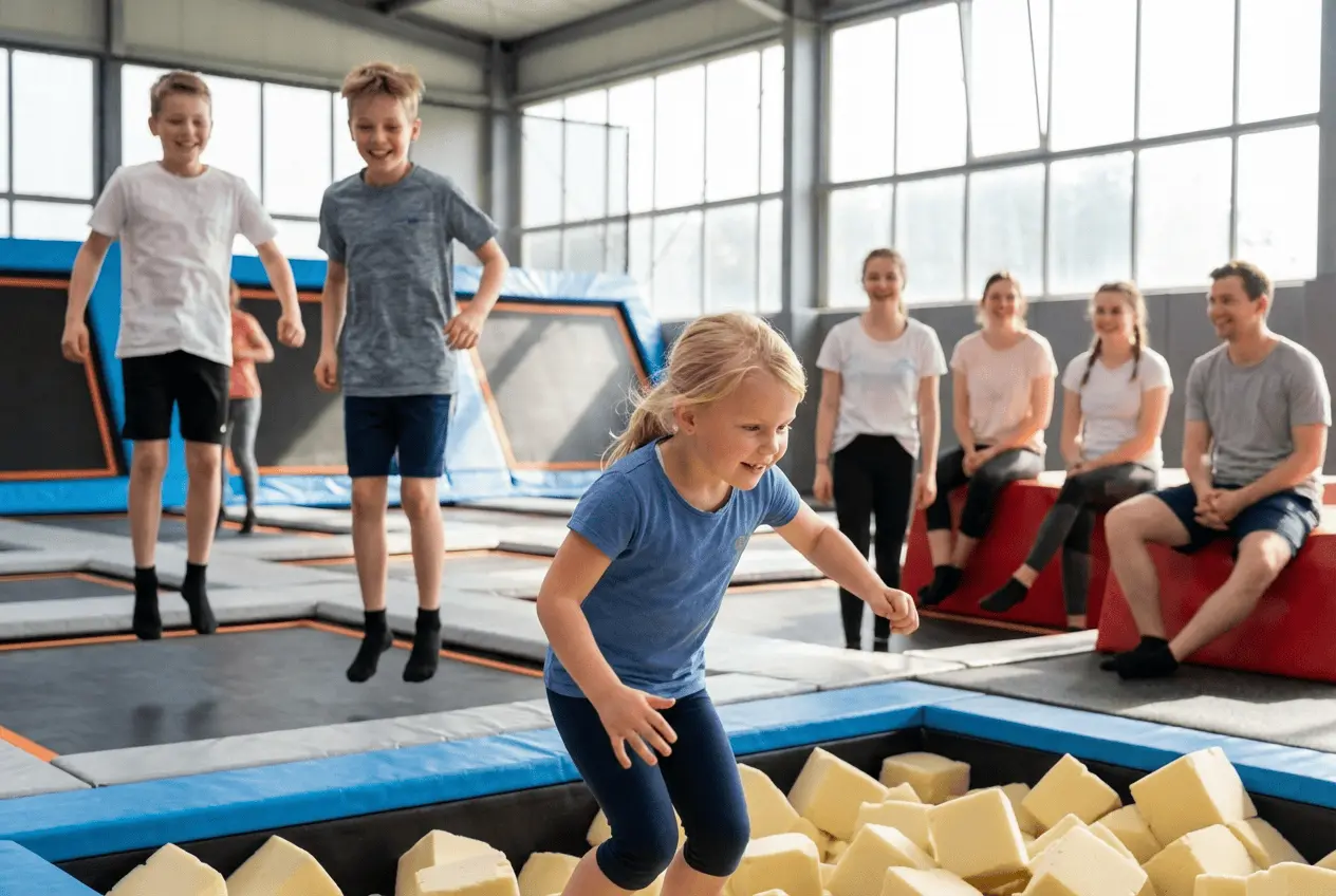 Innenansicht einer modernen Trampolinhalle mit springenden Kindern und Jugendlichen auf verschiedenen Sprungflächen und Schaumstoffgruben