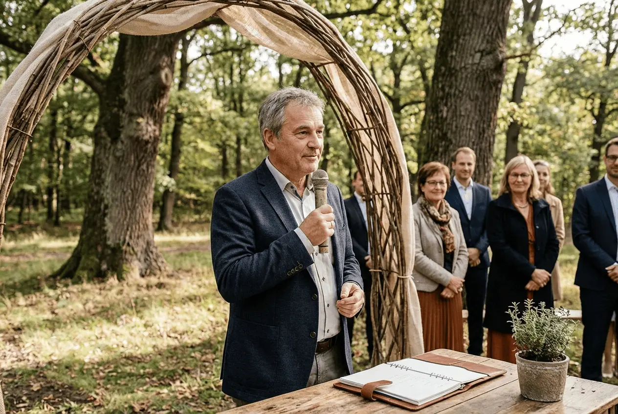 Freier Redner plant Hochzeitsrede und Termine am Laptop